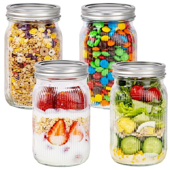 WELLLIFE FESTIVE 4PCS 32 oz Stripe Mason Jars - Clear Glass Jars for Canning, Food Storage, Fermenting & DIY Craft