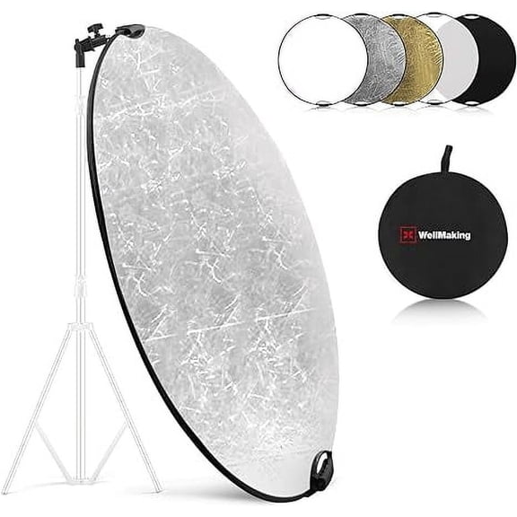 WELLMAKING 32 Inch (80cm) Reflector Photography, Collapsible Light Reflector with Bag & tilt Adapter, 5 in 1 Handle Reflector for Studio & Outdoor Lighting -Translucent, Silver, Gold, White and Black