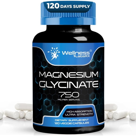 WELLNESS LABSRX Magnesium Glycinate Capsules 750mg Per Serving, 120 Veggie Caps
