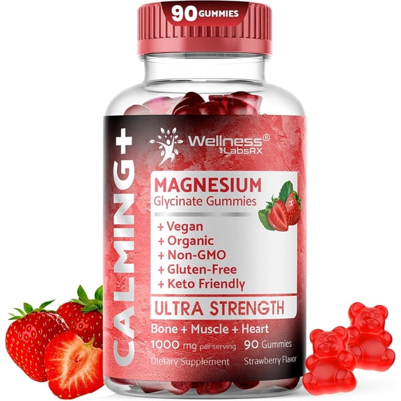 WELLNESS LABSRX Magnesium Glycinate Gummies 1000mg, Chewable Gummy - Strawberry Flavor, 90 Count