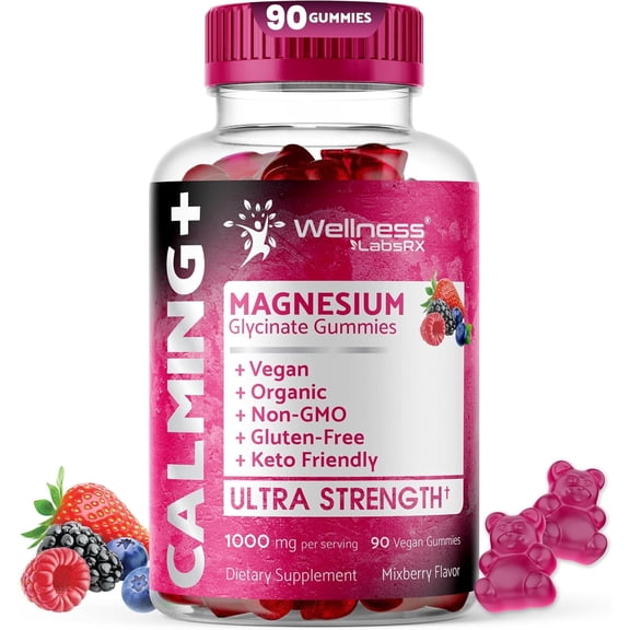 WELLNESS LABSRX Magnesium Glycinate Gummies 1000mg, Chewable Gummy - Mix Berry Flavor, 90 Count