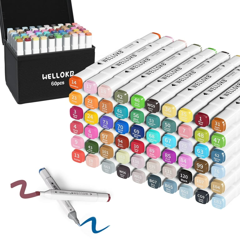 WELLOKB Alcohol Markers Set, 60 Dual Tip Permanent Art Markers for