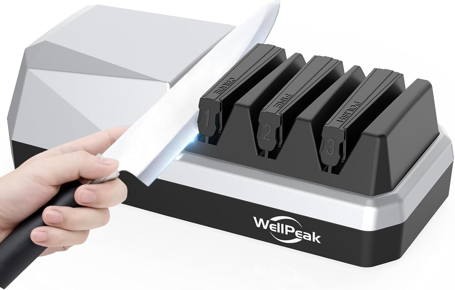 WELLPEAK 3-Stage Electric Knife Sharpener for Kitchen 18/20-Degree Knifes, Diamond Abrasive Sharpening for Straight Edge Chef Knives, Ceramic Hone for Chef Knives, Serrated Knives Polishing