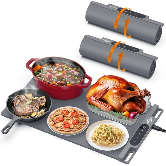 WELLPEAK Food Warming Mat, Electric Warming Trays for Home Buffet Party Gatherings, Full Surface Silicone Fast Heating Mat for Food with 3 Level Temperature, Auto-Off, Roll Up Food Warmer