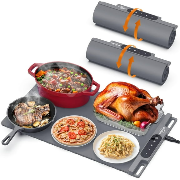 WELLPEAK Food Warming Mat, Electric Warming Trays for Home Buffet Party Gatherings, Full Surface Silicone Fast Heating Mat for Food with 3 Level Temperature, Auto-Off, Roll Up Food Warmer