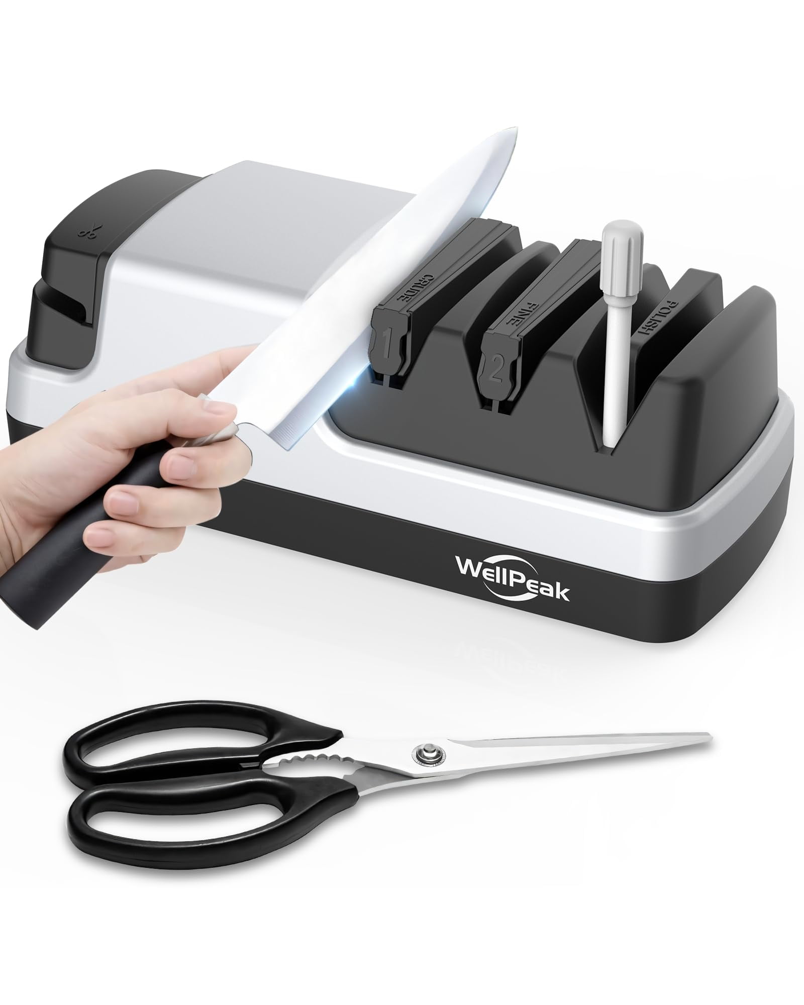WELLPEAK Multifunctional 4-Stage Electric Knife & Scissor Sharpener, Diamond Abrasive for Straight Edge Chef Knives, Detachable Ceramic Hone Rod for Serrated Knives Polishing