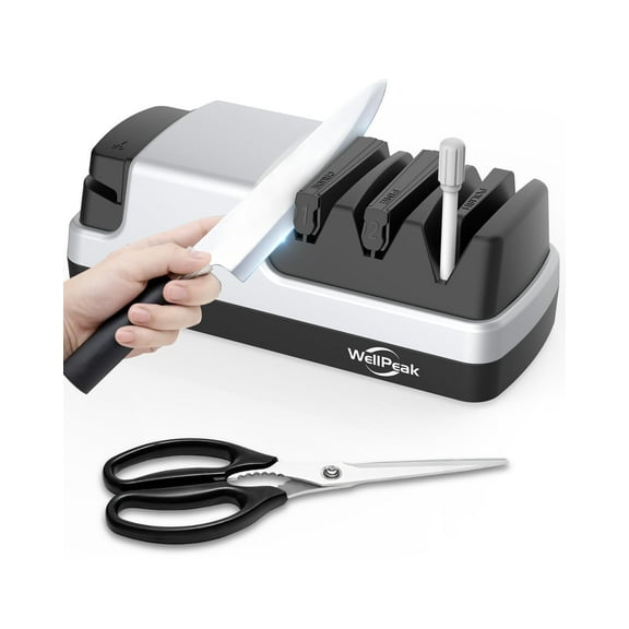 WELLPEAK Multifunctional 4-Stage Electric Knife & Scissor Sharpener, Diamond Abrasive for Straight Edge Chef Knives, Detachable Ceramic Hone Rod for Serrated Knives Polishing