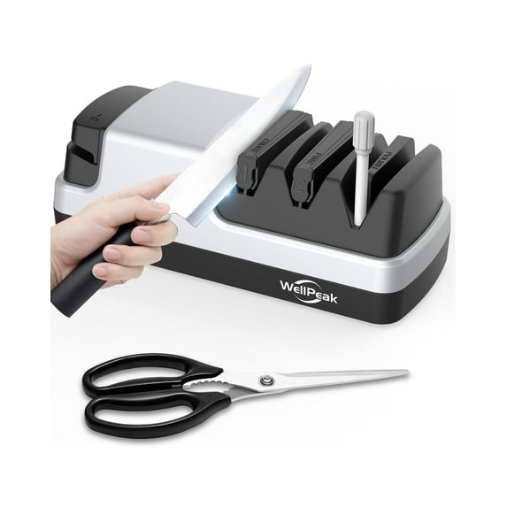 WELLPEAK Multifunctional 4-Stage Electric Knife & Scissor Sharpener, Diamond Abrasive for Straight Edge Chef Knives, Detachable Ceramic Hone Rod for Serrated Knives Polishing