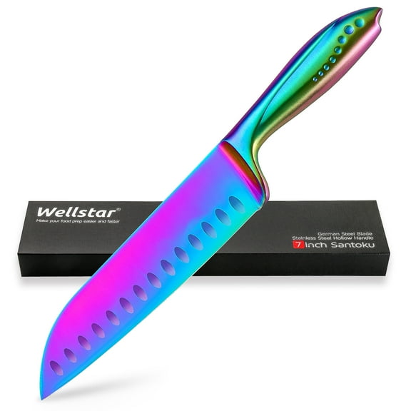 WELLSTAR  7 Santoku KnifeKitchen Cooking Knife with Comfortable Handle and Rainbow Titanium Coating