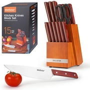 WELLSTAR Kitchen Knife Block Set, 15 Pieces Stainless Steel Cooking Knives Set with Wooden Block