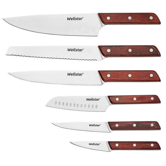 WELLSTAR Kitchen Knife Set 6 Piece Chef Slicer Bread Santoku Utility & Paring Knife