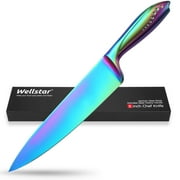 WELLSTAR Rainbow Chef Knife 8 inch, Sharp Blade Finger Guard Handle with Iridescent Titanium Coating
