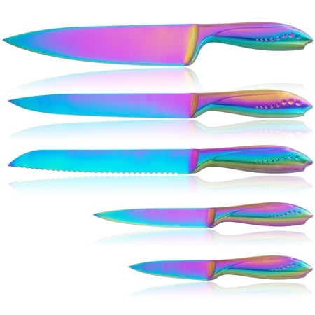 WELLSTAR Rainbow Kitchen Knife Set 5 Piece with Rainbow Titanium Coated