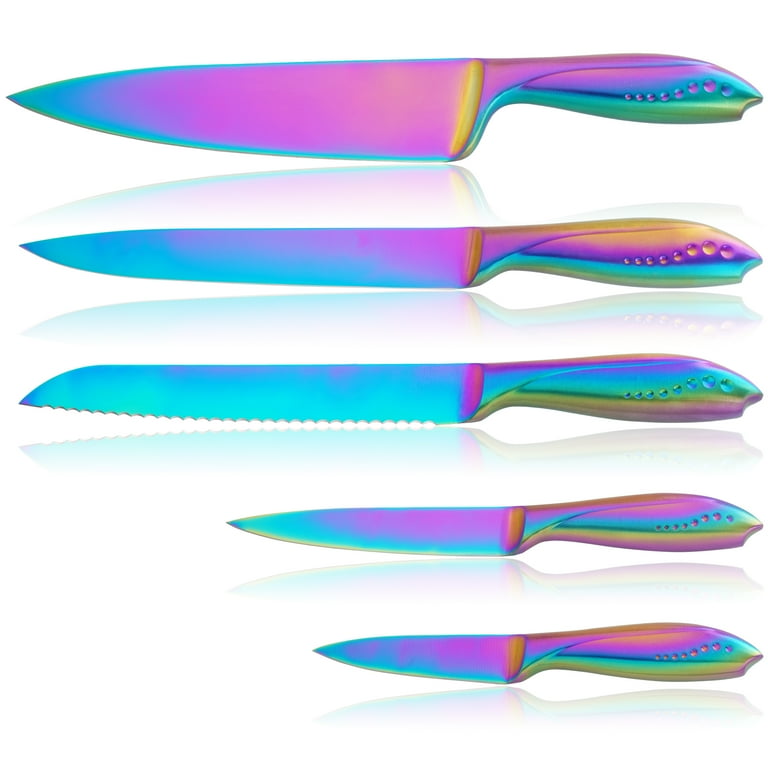 WELLSTAR Colored Stainless Steel Cutlery 5 Piece Rainbow Titanium Coated Kitchen Knife Set Walmart