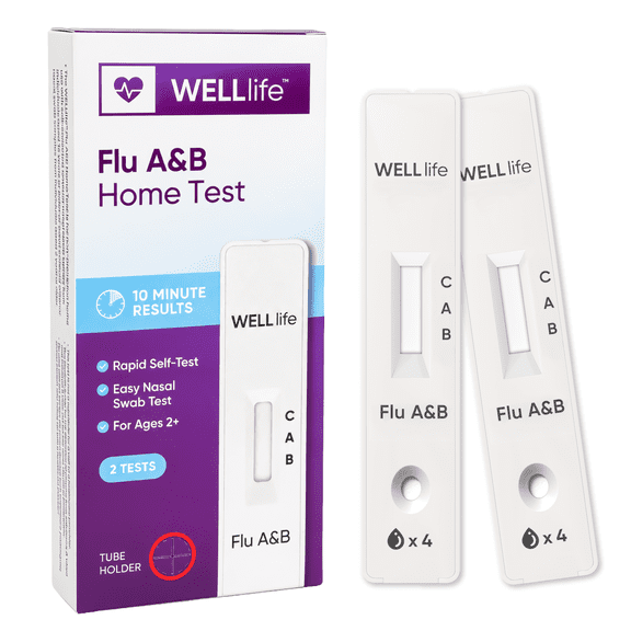 WELLlife Flu A&B Home Test, Flu Test Results in 10 Minutes, 2 Tests, Non-invasive Nasal Swab, Easy to Use for Adults and Kids, No Discomfort