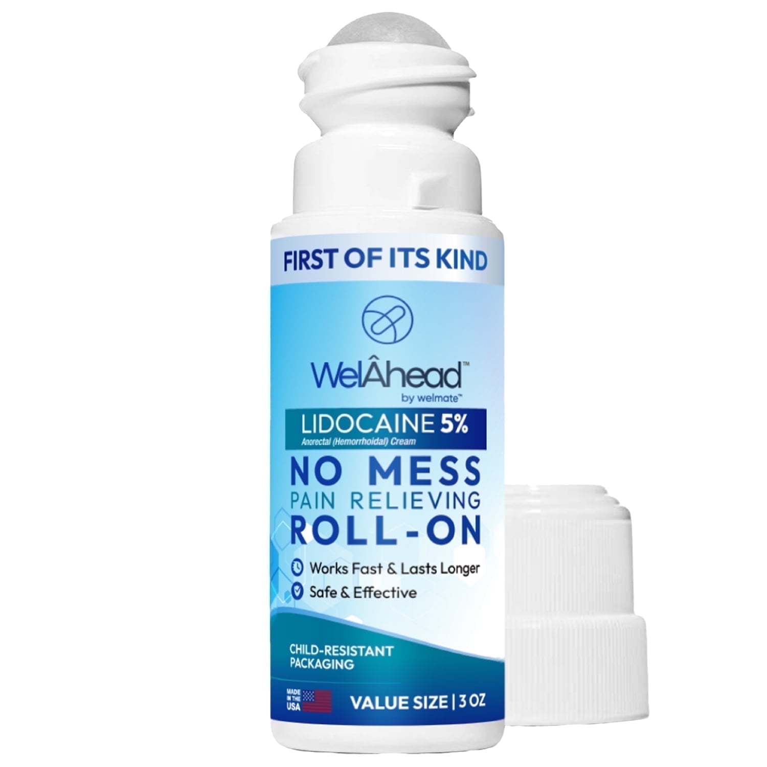 WELMATE 5% Lidocaine Roll-On 3 oz Fast, Targeted Hemorrhoid Relief No-Mess Roll-On Application