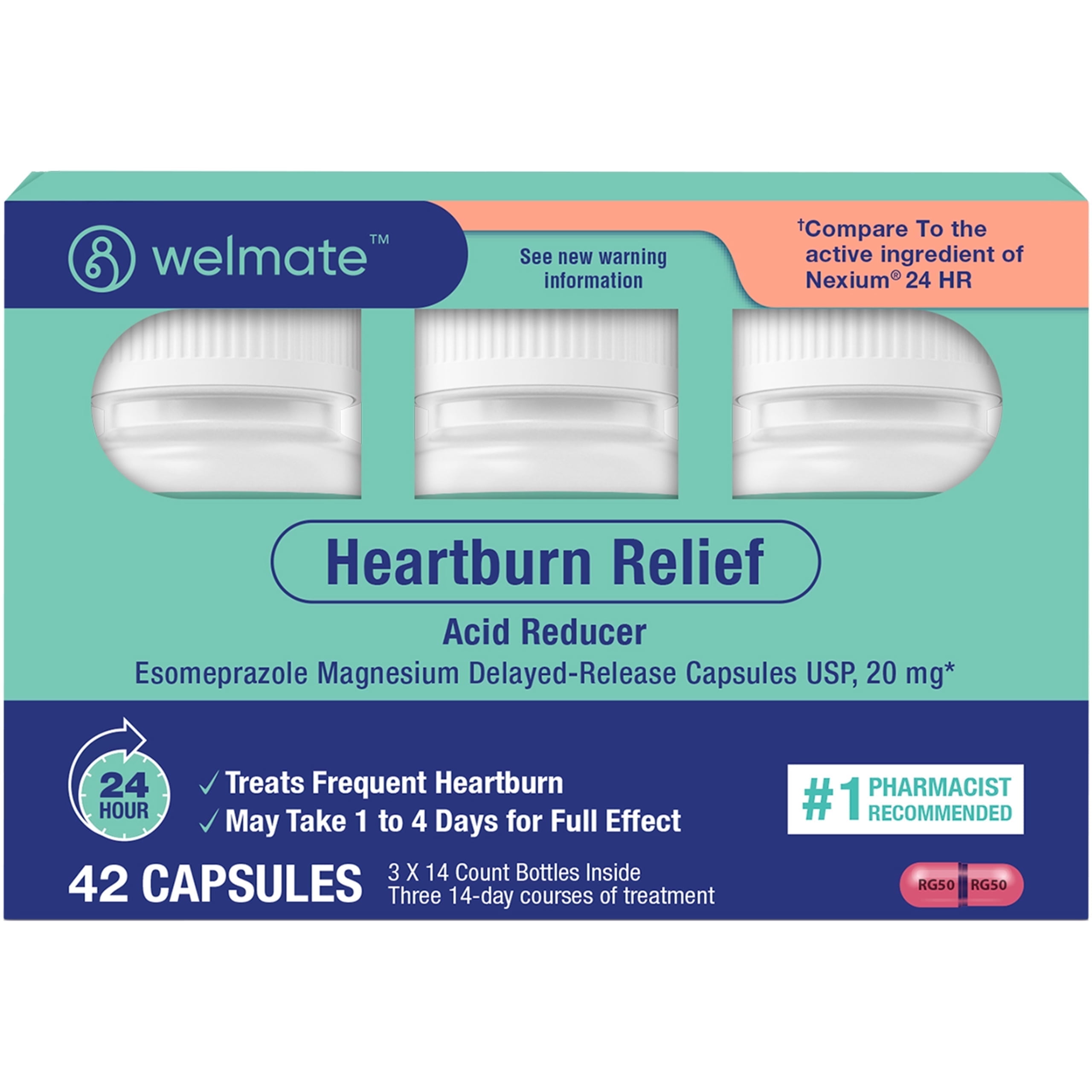 WELMATE Acid Reducer, Esomeprazole Magnesium 20mg 24HR Heartburn Relief - 42 Capsules