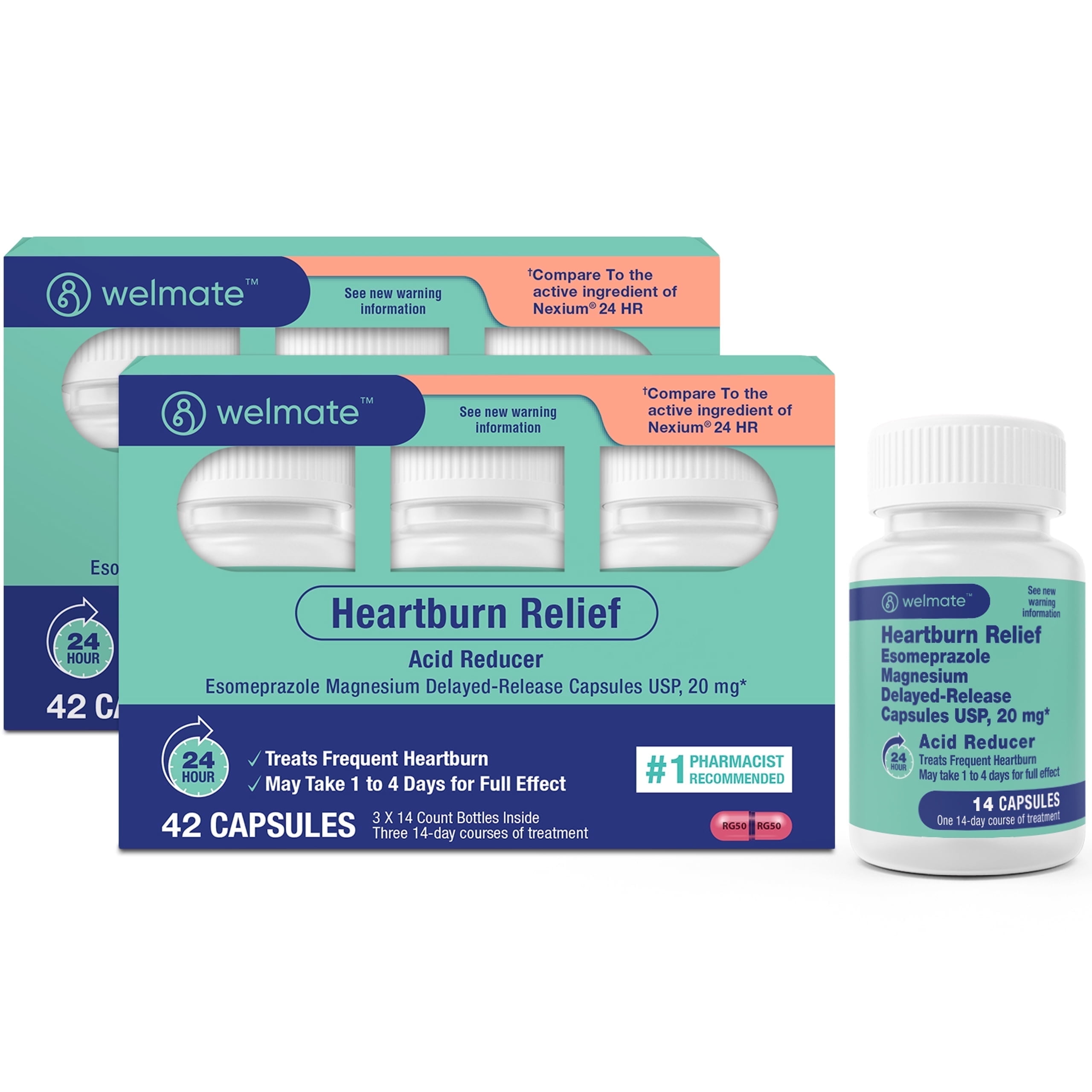 WELMATE Acid Reducer, Esomeprazole Magnesium 20mg 24HR Heartburn Relief - 84 Capsules (Pack of 2)