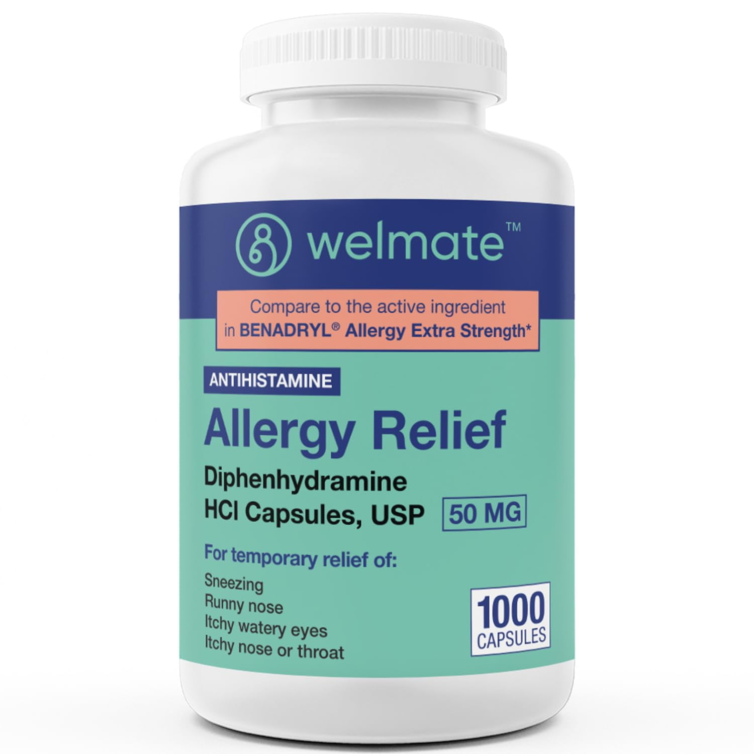 WELMATE Allergy Relief | Diphenhydramine 50 mg | 1000 Count Capsules | Antihistamine - Allergy & Cold Symptoms - Sneezing, Runny Nose, Itchy Eyes & Throat