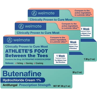 WELMATE Antifungal 1% Butenafine HCl Cream - Athletes Foot, Jock Itch & Ringworm Treatment, 1oz (3-Pack)