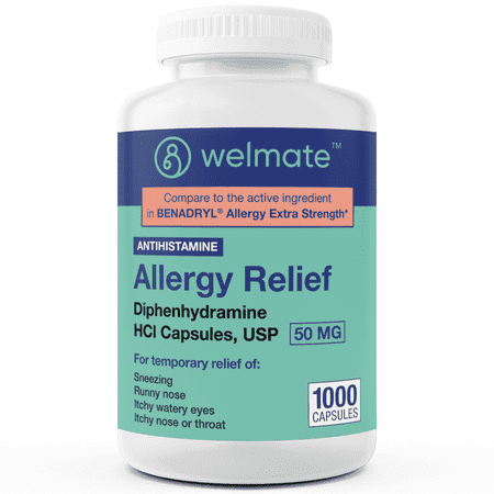 WELMATE Antihistamine Allergy Relief, Diphenhydramine HCL 50mg - 1000 Capsules