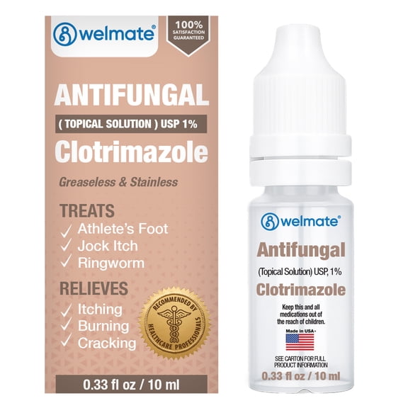 WELMATE Clotrimazole 1% Antifungal Solution for Athlete's Foot, Cracked & Dry Skin Relief, 0.33 FL oz