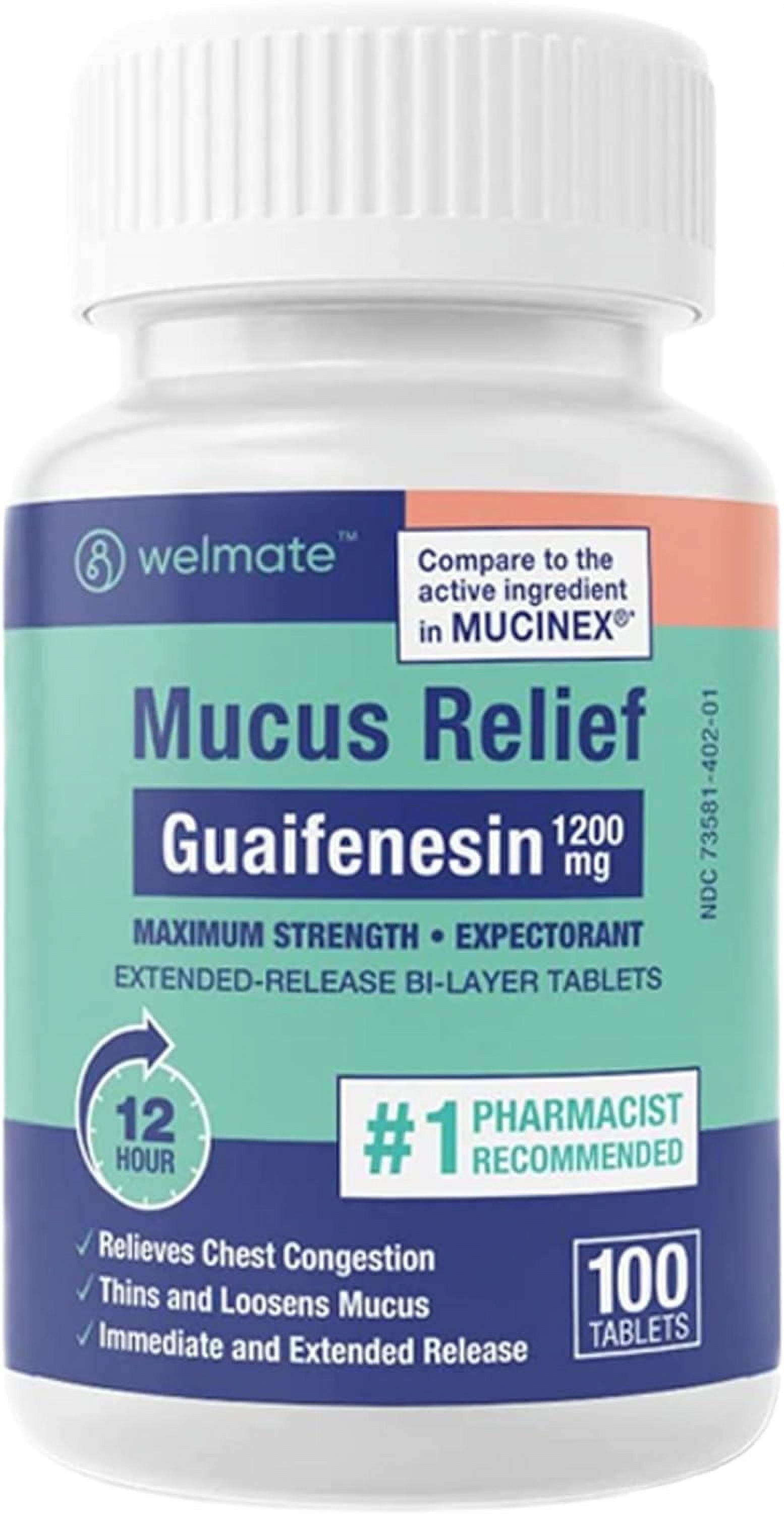 WELMATE Mucus Relief Tablets | Guaifenesin 1200 mg | Cough & Cold Expectorant for Chest Congestion | 100 Count