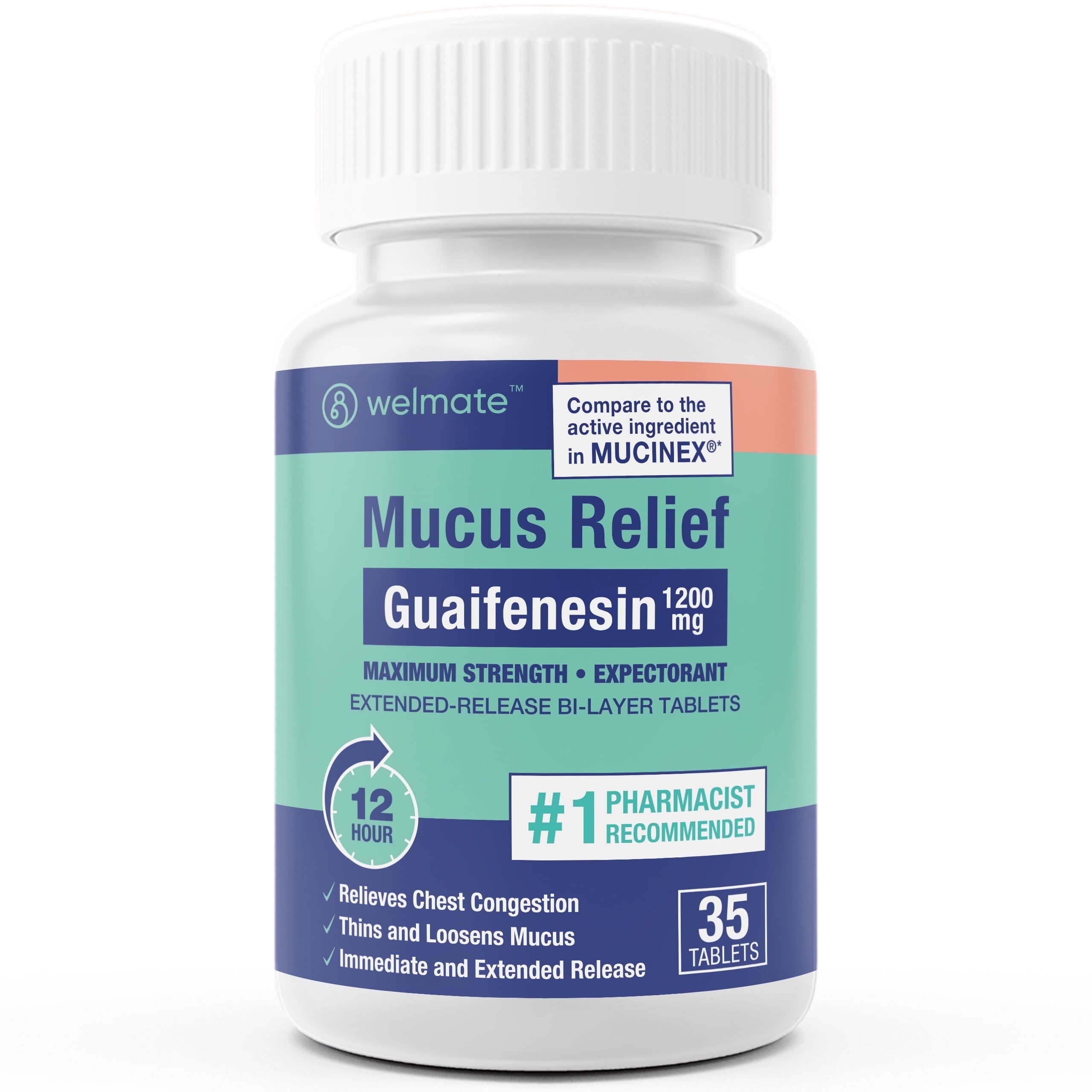 WELMATE Mucus Relief, Guaifenesin 1200mg Maximum Strength - 35 Bi-layer Tablets