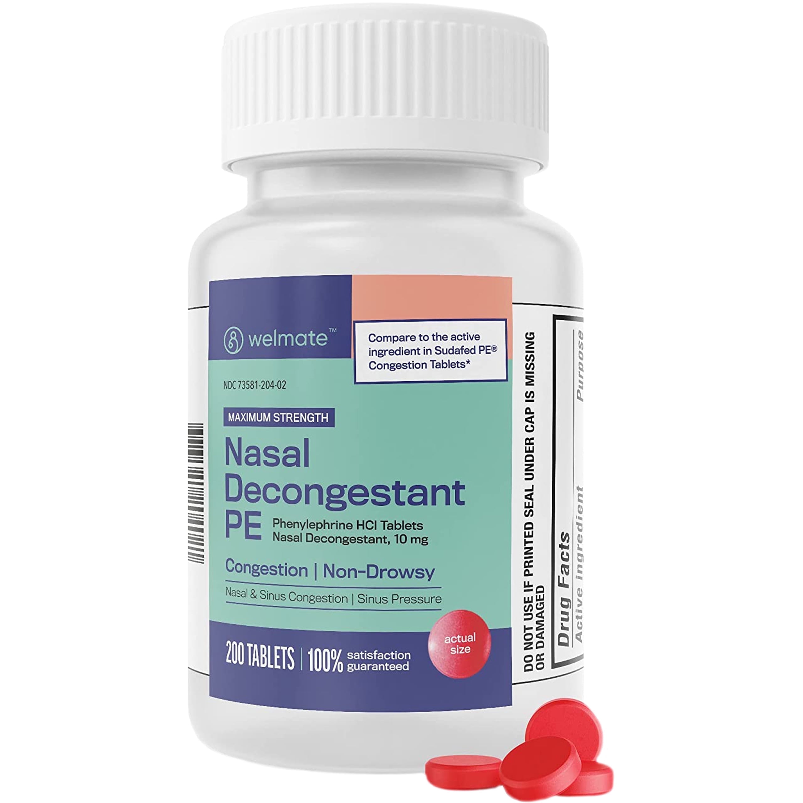 Welmate Nasal Decongestant PE Phenylephrine HCl 10 mg Non-Drowsy Cold Medicine, 200 Tablets