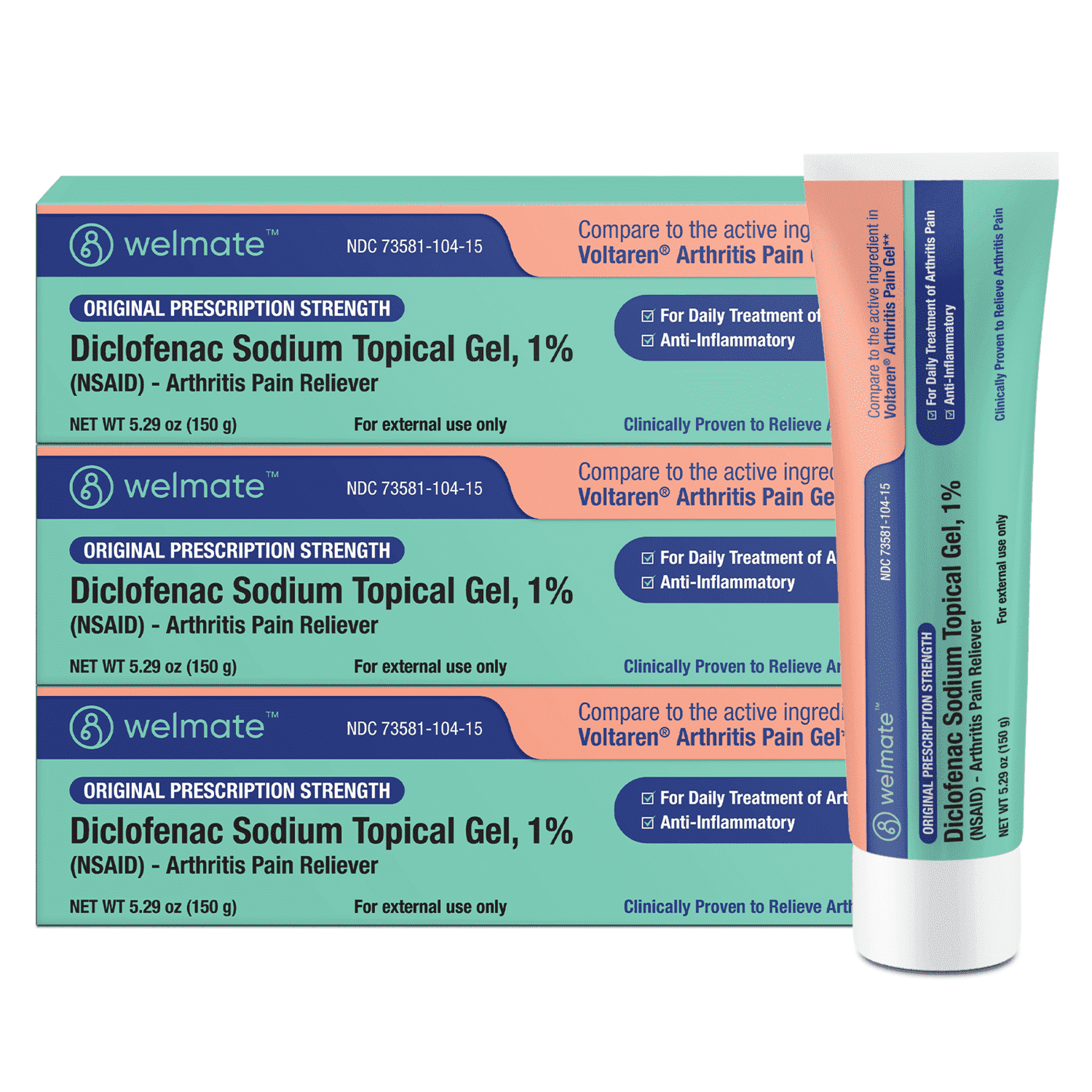 WELMATE Pain Relief, 1% Diclofenac Sodium Topical Arthritis Gel, 150g (Pack of 3)