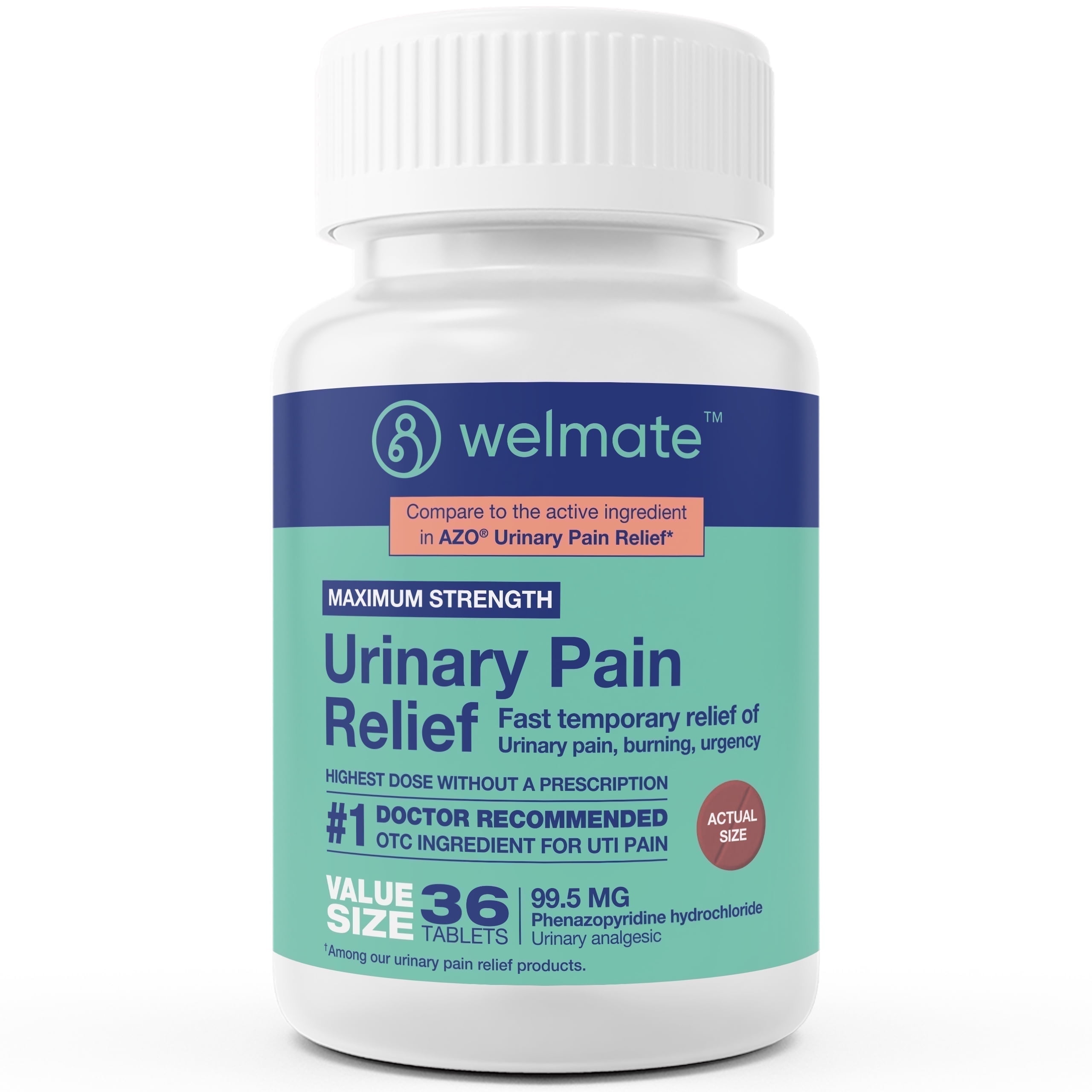 WELMATE Urinary Pain Relief UTI Phenazopyridine HCL 99.5 mg, 36 Tablets
