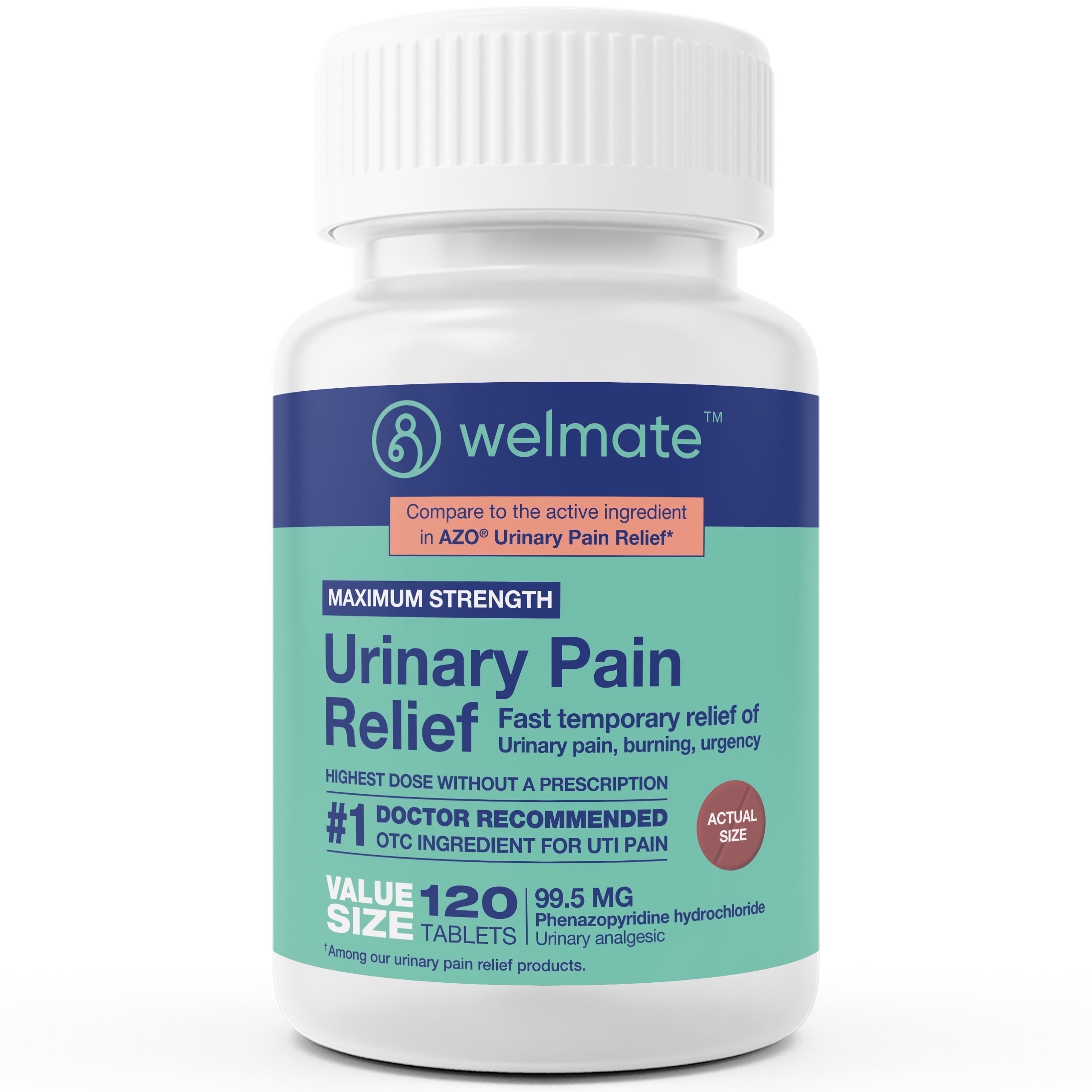 WELMATE UTI Pain Relief, Phenazopyridine HCL 99.5mg - USA Made - 120 Tablets