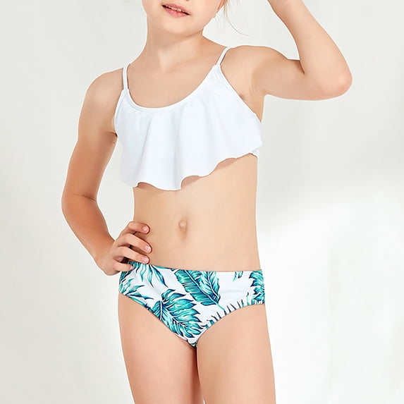 WELOIJEVBE 2 Piece Girls Swimsuit Summer Quick-Drying Tropical Print Ruffled Bikini Set Teen Girl Bathing Suit Girls' Swimwear 13-14 Years