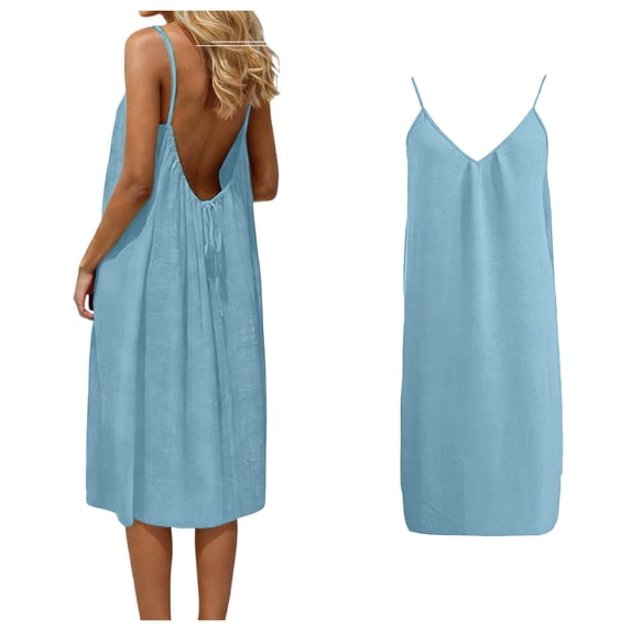 WELOIJEVBE Backless Cami Dresses for Women V Neck Sleeveless Spaghetti Flowy Dresses Mid Length Beach Dresses Blue Summer Dress Women Casual Summer Dress