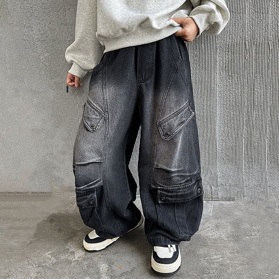 WELOIJEVBE Boy Jeans Elastic Waisted Wide Leg Denim Jeans With Pockets Baggy Jeans For Boys Boys Straight Leg Jeans Boys Pull On Jeans 4-5 Years