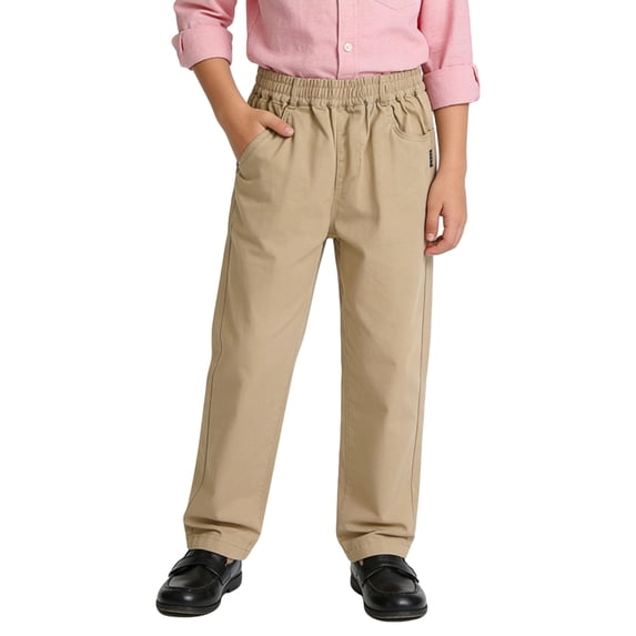 WELOIJEVBE Boy Uniform Pants Straight Pants with Pockets Pull on Chino Pants Stretch Pants Khaki School Pants for Boys Back To School Clothes Preppy Clothes 15-16 Years
