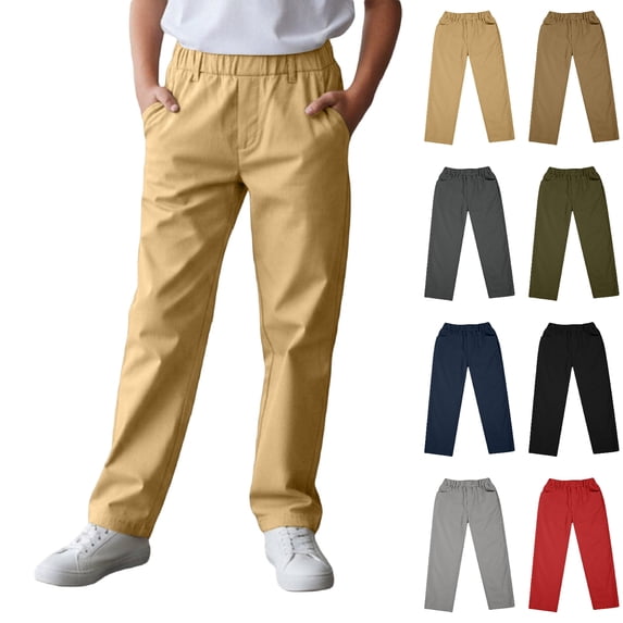 WELOIJEVBE Boys Uniform Pants Pull on Chino Pants with Pockets Straight Pants Khaki Uniform Pants for Boys Back To School Clothes for Boys Boys Pants Size 10-11 Years