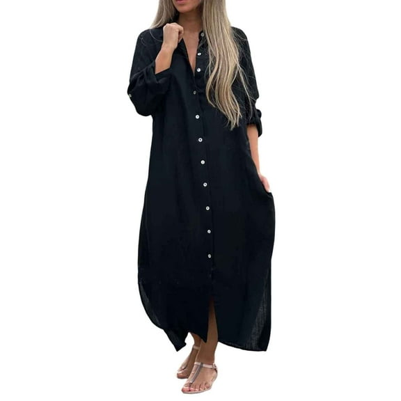 WELOIJEVBE Casual Long Shirt Dresses for Women 2025 Button Down Loose Long Sleeve Maxi Dress