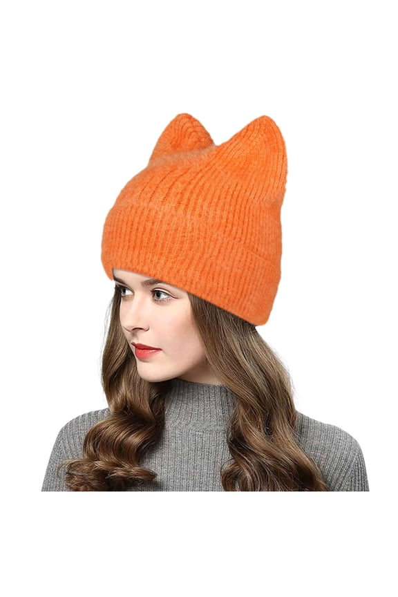 Cute Ears Beanies For Women Knit Cable Rib Hat Cute Cat Ear Cap Beanie(Color:Orange)