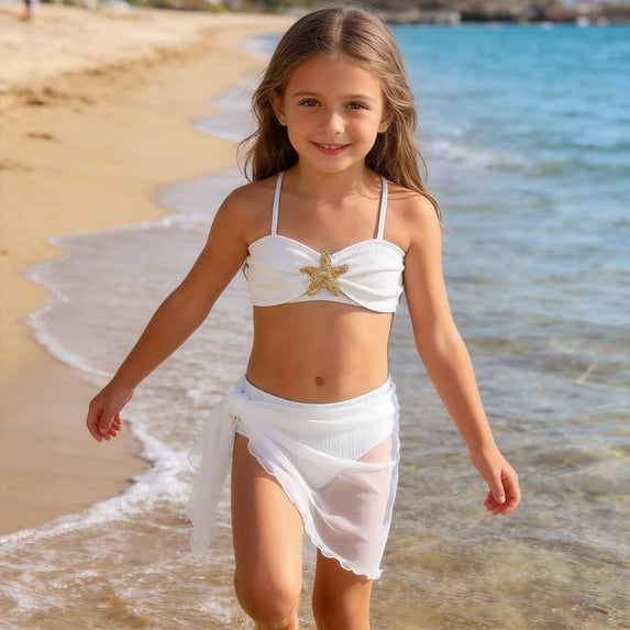 WELOIJEVBE Girls 3 Piece Swimsuit Summer Quick-Drying Solid Color Bikini Set with Detachable Cover Kids Girls Bathing Suit Girls' Swimwear 7-8 Years