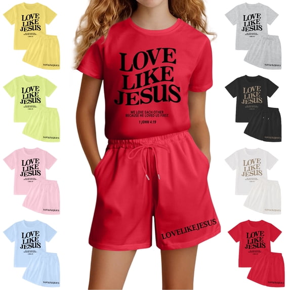 WELOIJEVBE Girls Spring Summer Two Piece Outfits Sets Fashion Active Short Sleeve Performance Tops and Shorts for Child Girl Size Girls Clothes 4-5 Years