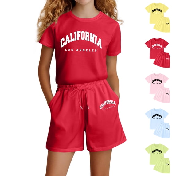 WELOIJEVBE Girls Spring Summer Two Piece Set Athletic Active Short Sleeve Performance Tops and Shorts for Child Girl Girls Clothes Size 4 Years