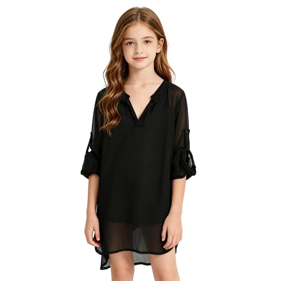 WELOIJEVBE Girls Swimsuit Cover up Beach Dress Bikini Swimsuit Black Beach Dress Chiffon Bikini Coverup Summer Vacation for Girls 6-7 Years