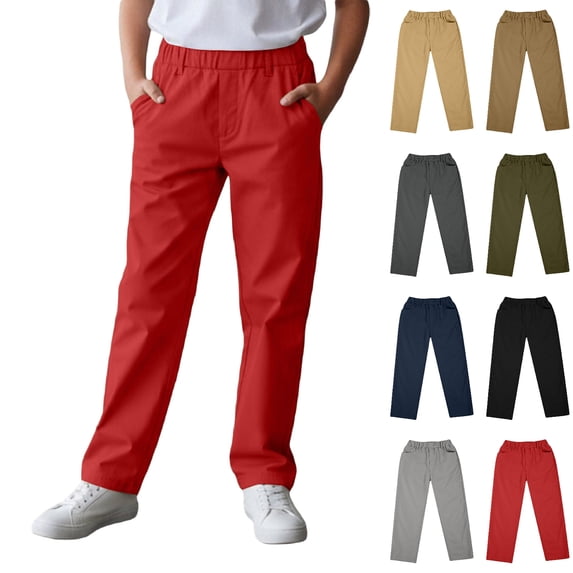 WELOIJEVBE Kids Uniforms for Boys Pull on Chino Pants with Pockets Straight Pants Red Uniform Pants Boys Back To School Clothes Kids Preppy Clothes 6-7 Years