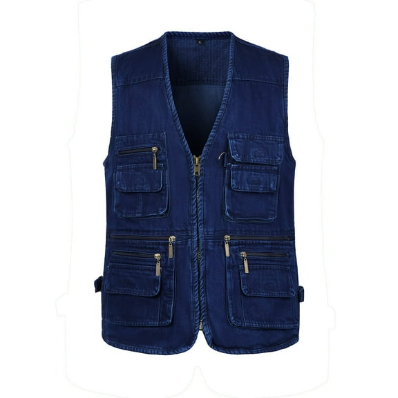 WELOIJEVBE Men's Denim Fishing Vest Sleeveless Leisure Men's Vests Summer Trekking Hiking Vest Reporter Vest Vest with Many Pockets Denim Vest Men