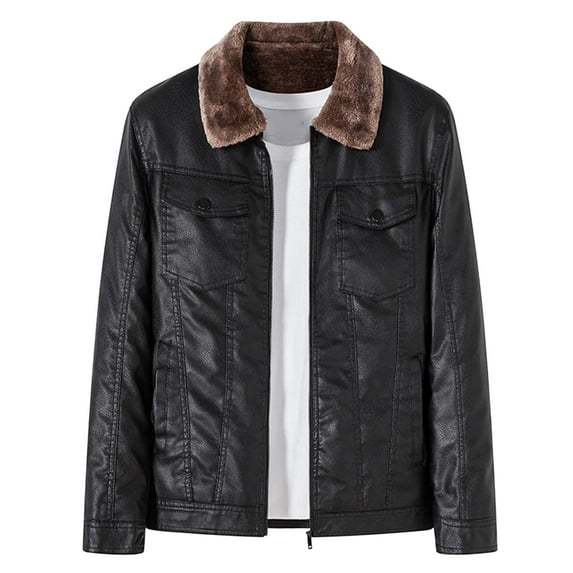 WELOIJEVBE Mens Leather Jacket Men's Winter Pu with Pockets Motorcycle Suit Lapel Padded Thickened Slim Jacket