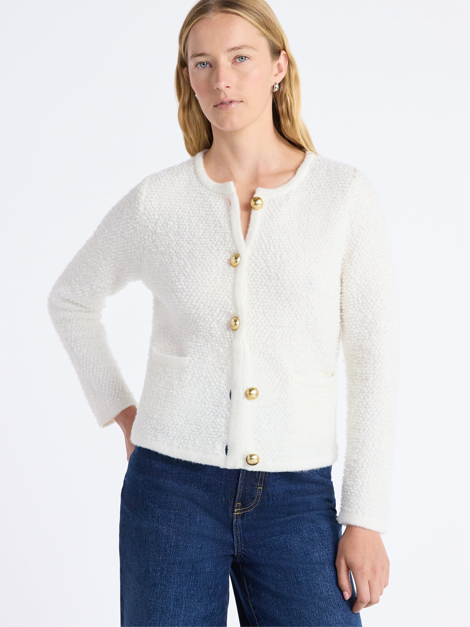 Free Assembly Women's Nubby Cardigan with Welt Pockets, Midweight