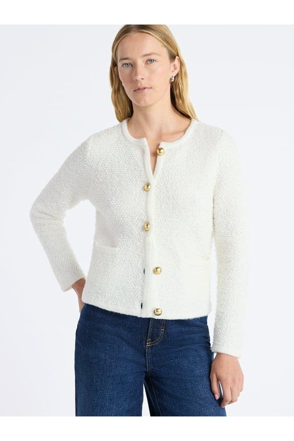 Women's Nubby Cardigan with Welt Pockets, Midweight, Sizes XS-XXL
