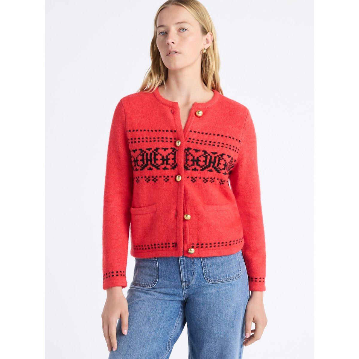 Free Assembly Women's and Women's Plus Fair Isle Cardigan with Welt Pockets, Midweight, Sizes XS-4X