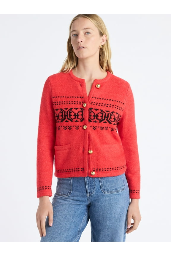 Women's and Women's Plus Fair Isle Cardigan with Welt Pockets, Midweight, Sizes XS-4X